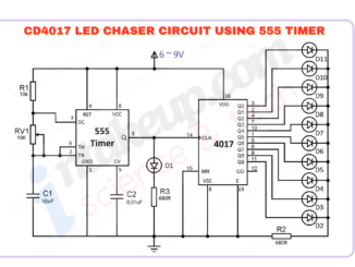 CD4017 led chaser circuit using 555 timer